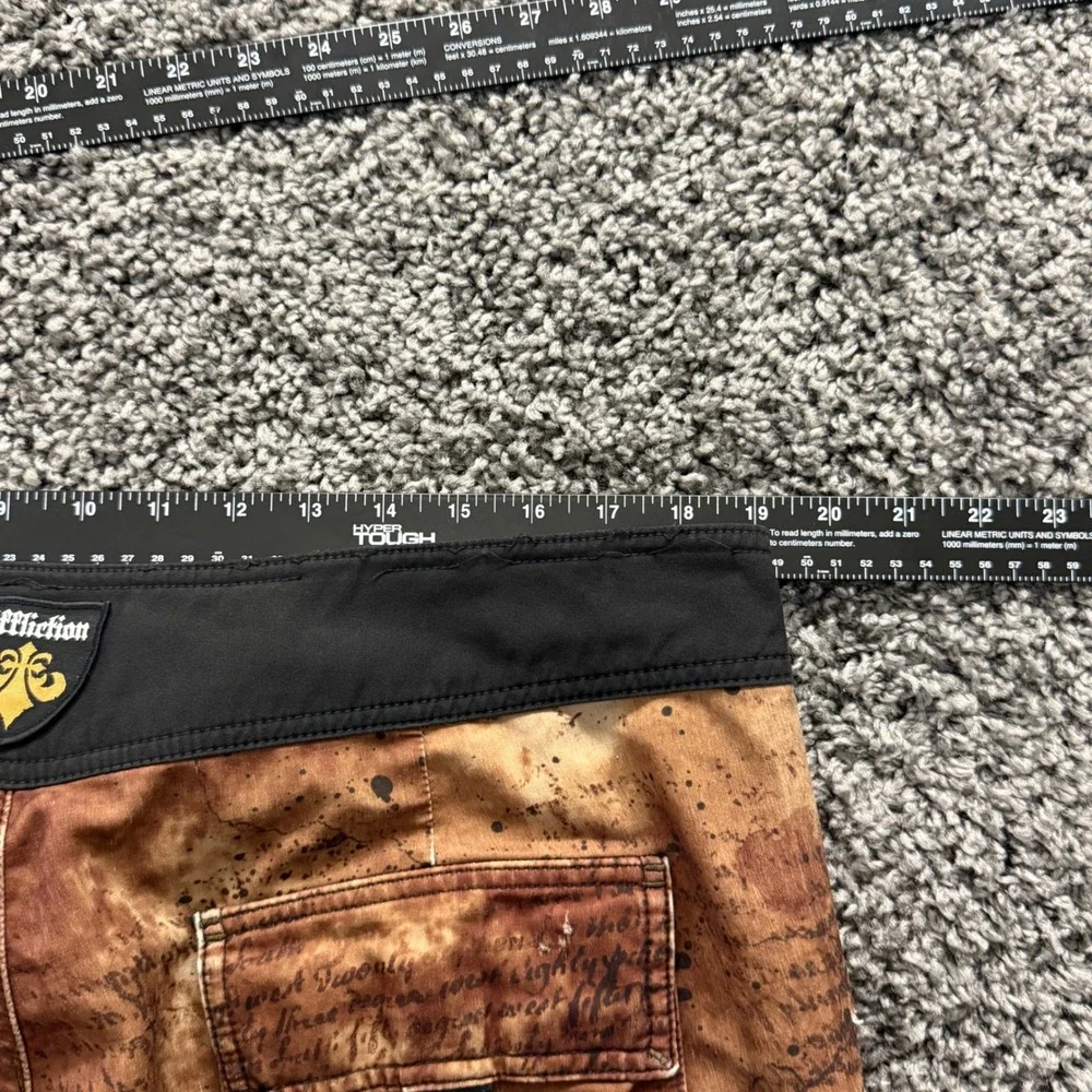 Y2K Affliction Board Shorts Mens Brown Script Graphic Swim Trunks Excellent 34
